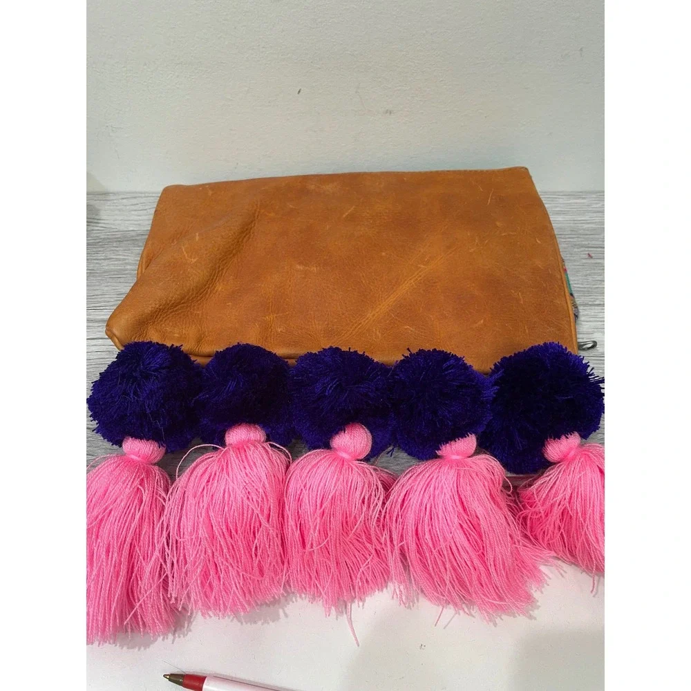Nena & Co Leather Woven Foldover Clutch Bag with Oversized Tassels Boho Poms